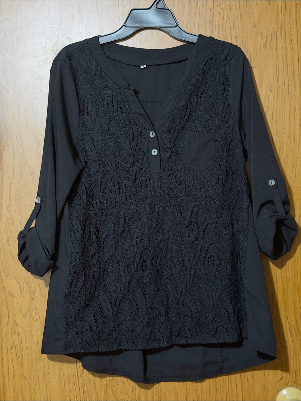 SHEIN Black Lace-Front Henley Blouse
